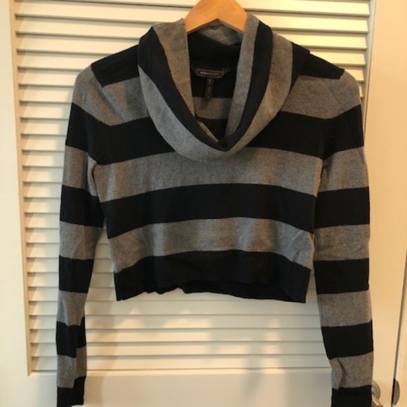 BCBG MaxAzria Stripe Cowl Neck Crop "Samira" Sweater Blk/Gray S Wool Long-Sleeve - Picture 1 of 3
